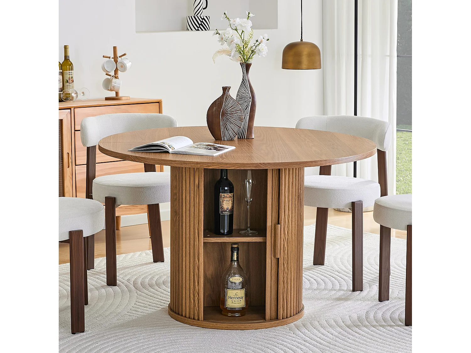 Table à manger ronde de 120 cm pour 4 à 6 personnes avec rangement - Couleur bois