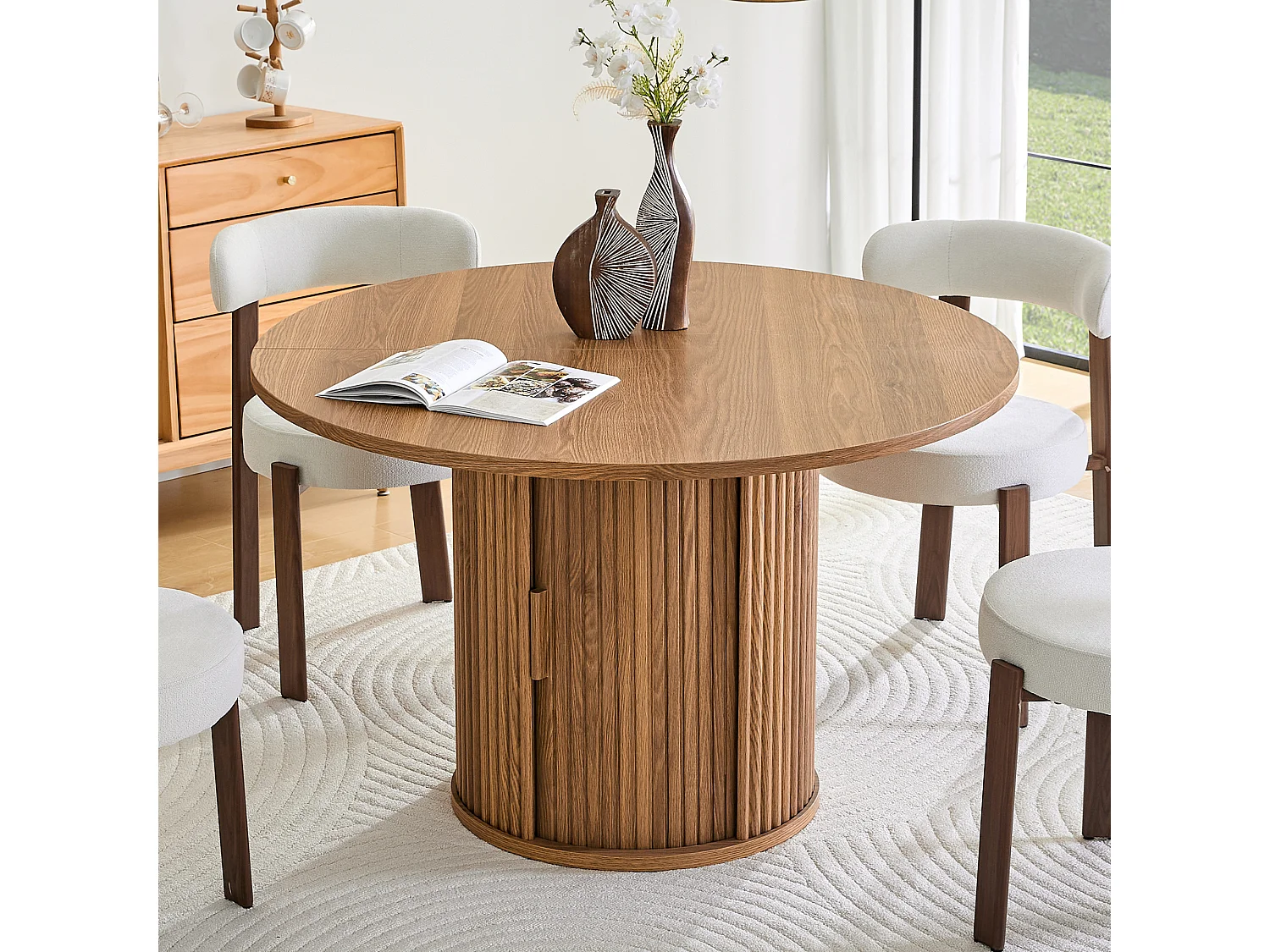 Table à manger ronde de 120 cm pour 4 à 6 personnes avec rangement - Couleur bois