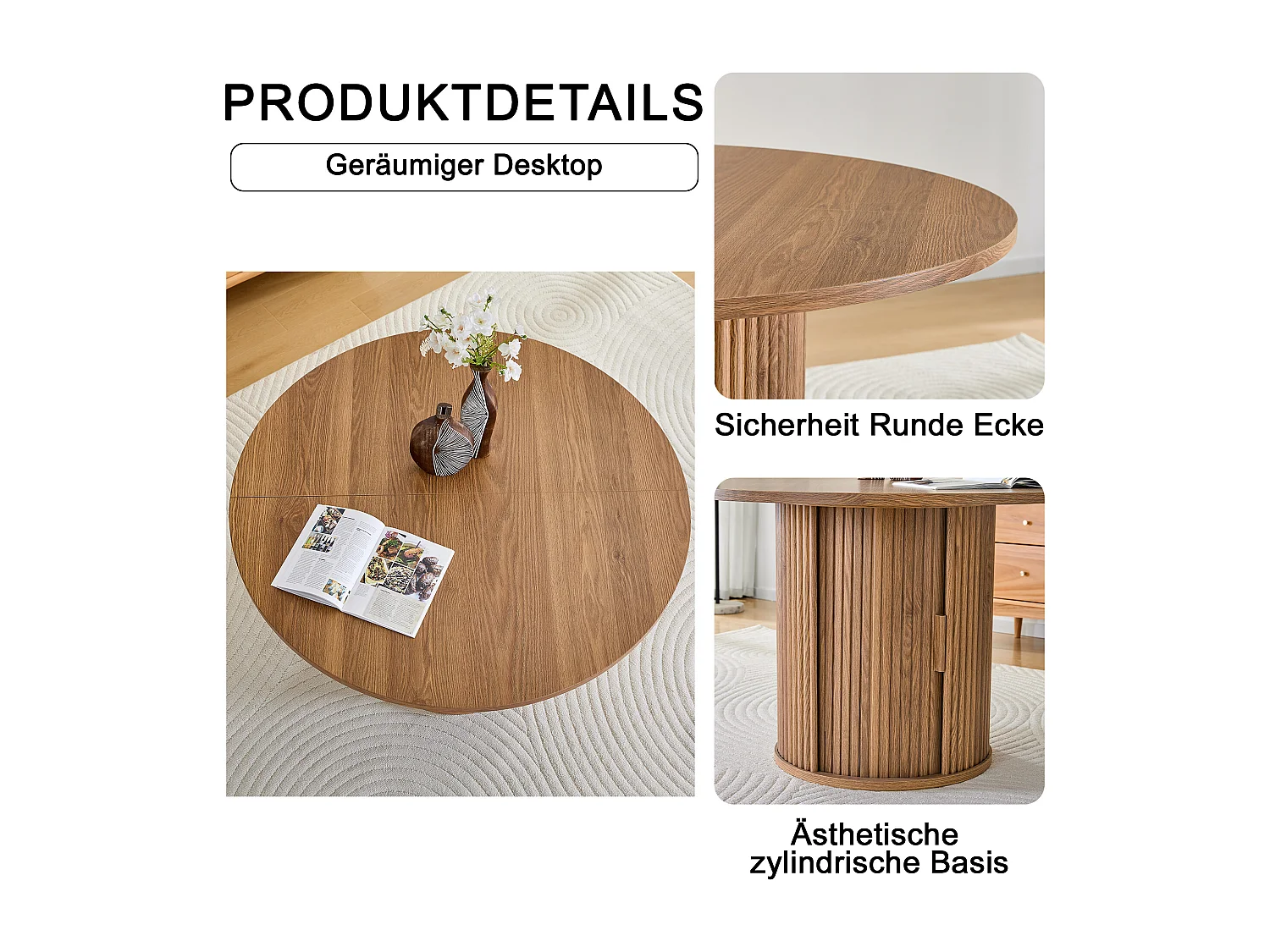 Table à manger ronde de 120 cm pour 4 à 6 personnes avec rangement - Couleur bois