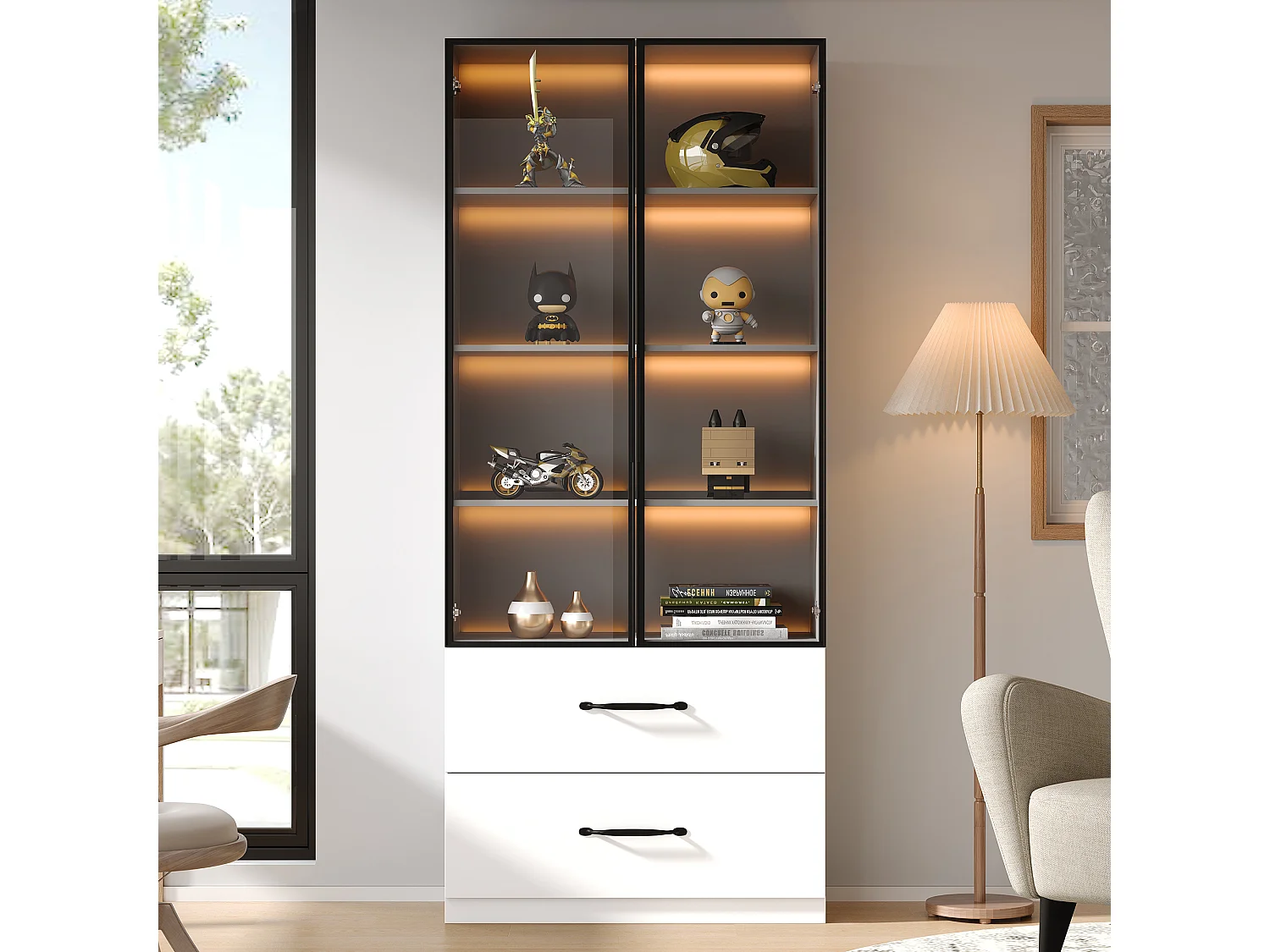 Vitrine LED 60x40x160 cm avec 2 tiroirs et 2 portes en verre - Blanc