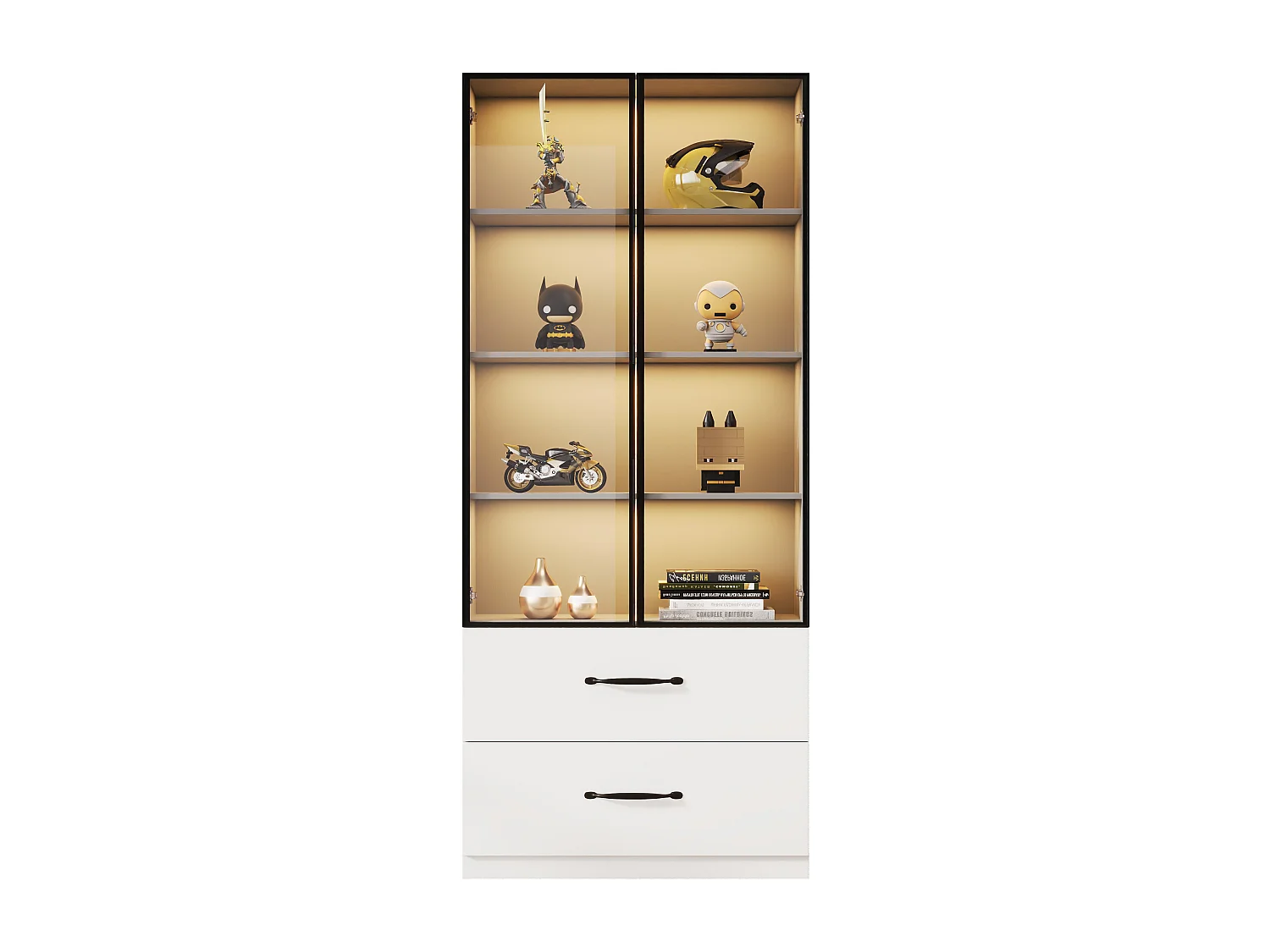Vitrine LED 60x40x160 cm avec 2 tiroirs et 2 portes en verre - Blanc