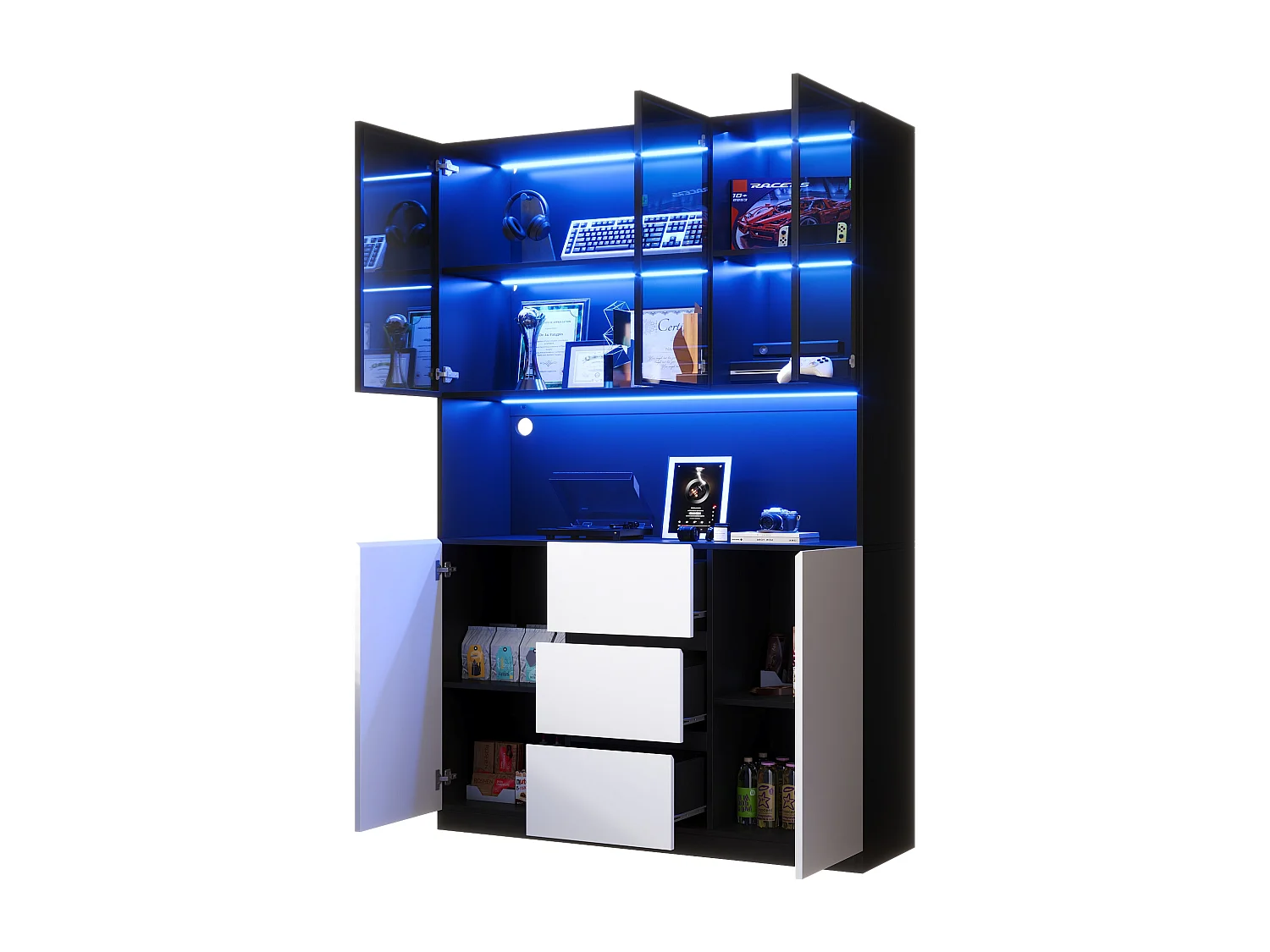 Vetrina a LED 120×40×200 cm con 3 cassetti e 5 ante - Nera