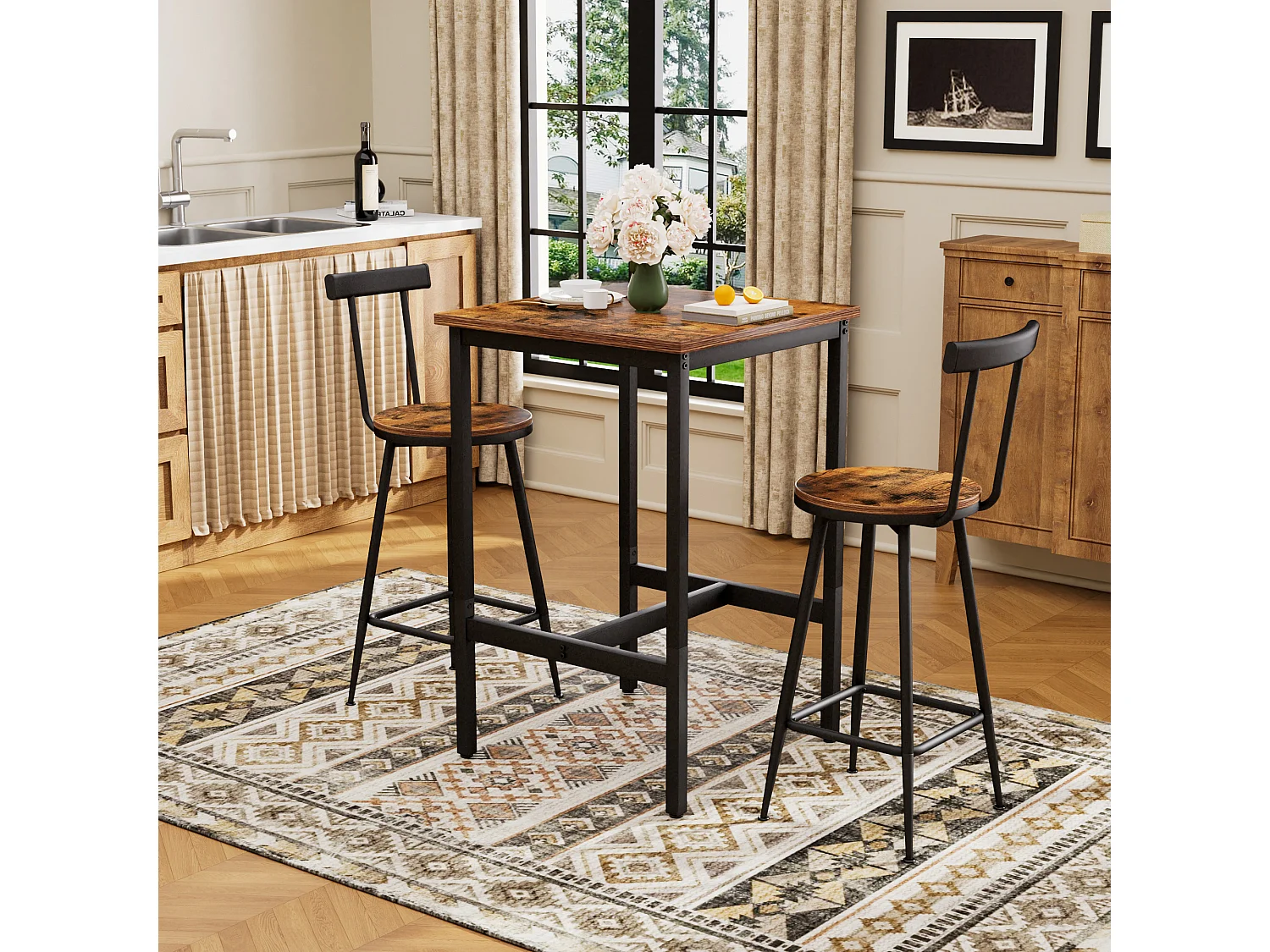 Ensemble table de bar 60x60 cm avec 2 tabourets, bois brun rustique et métal noir