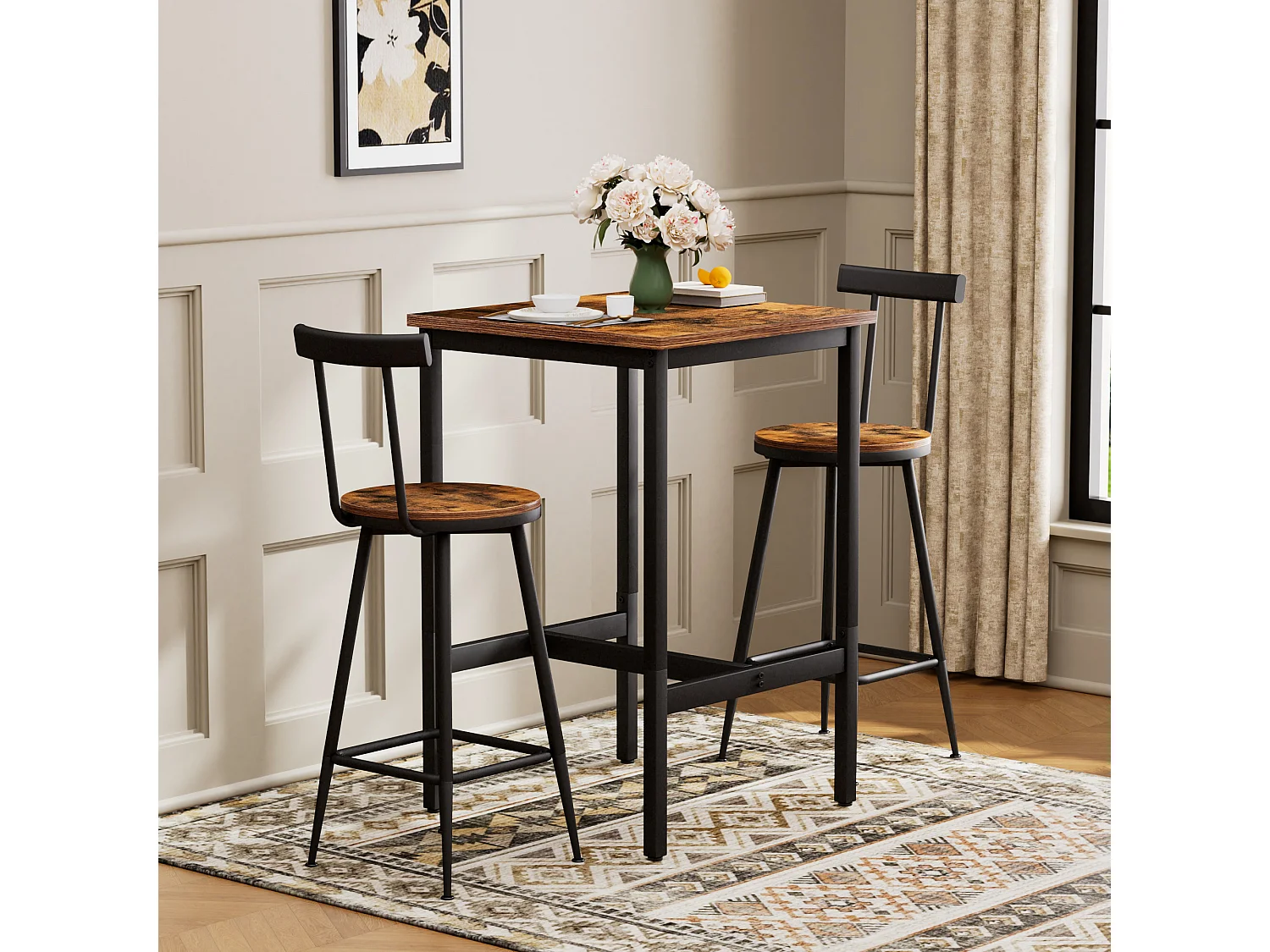 Ensemble table de bar 60x60 cm avec 2 tabourets, bois brun rustique et métal noir