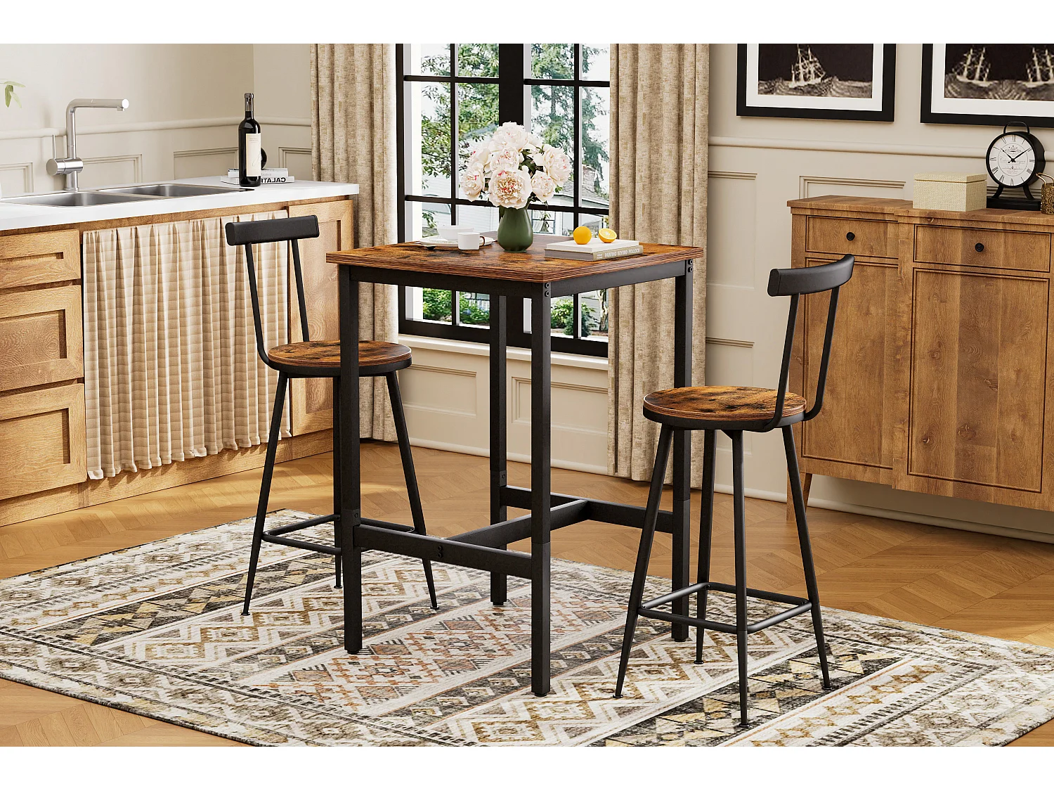 Ensemble table de bar 60x60 cm avec 2 tabourets, bois brun rustique et métal noir