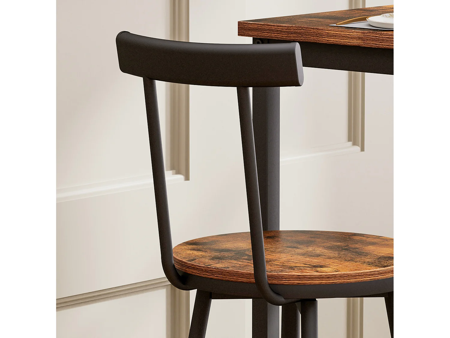 Ensemble table de bar 60x60 cm avec 2 tabourets, bois brun rustique et métal noir