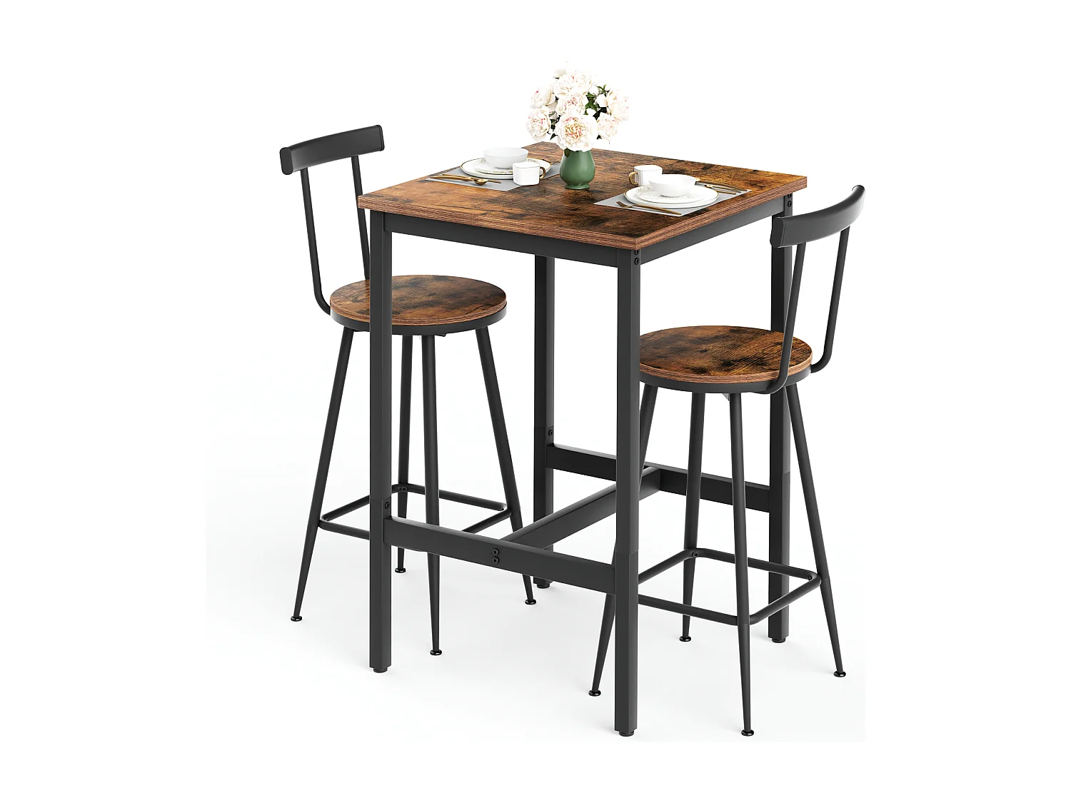 Ensemble table de bar 60x60 cm avec 2 tabourets, bois brun rustique et métal noir