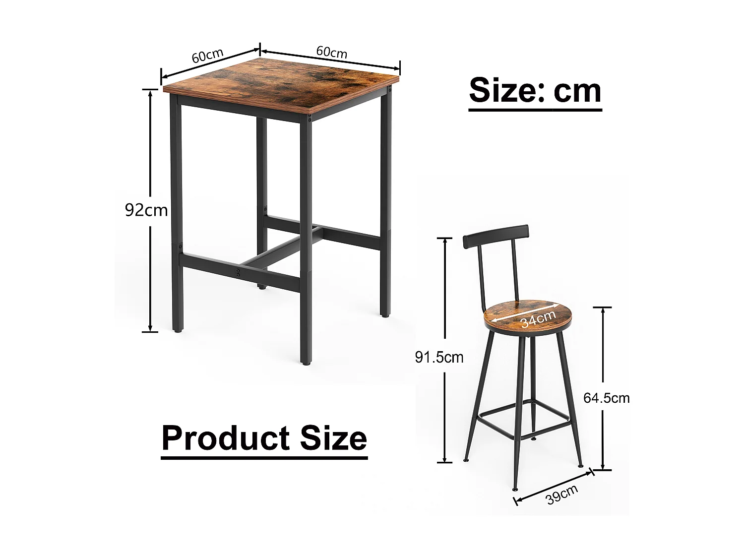 Ensemble table de bar 60x60 cm avec 2 tabourets, bois brun rustique et métal noir