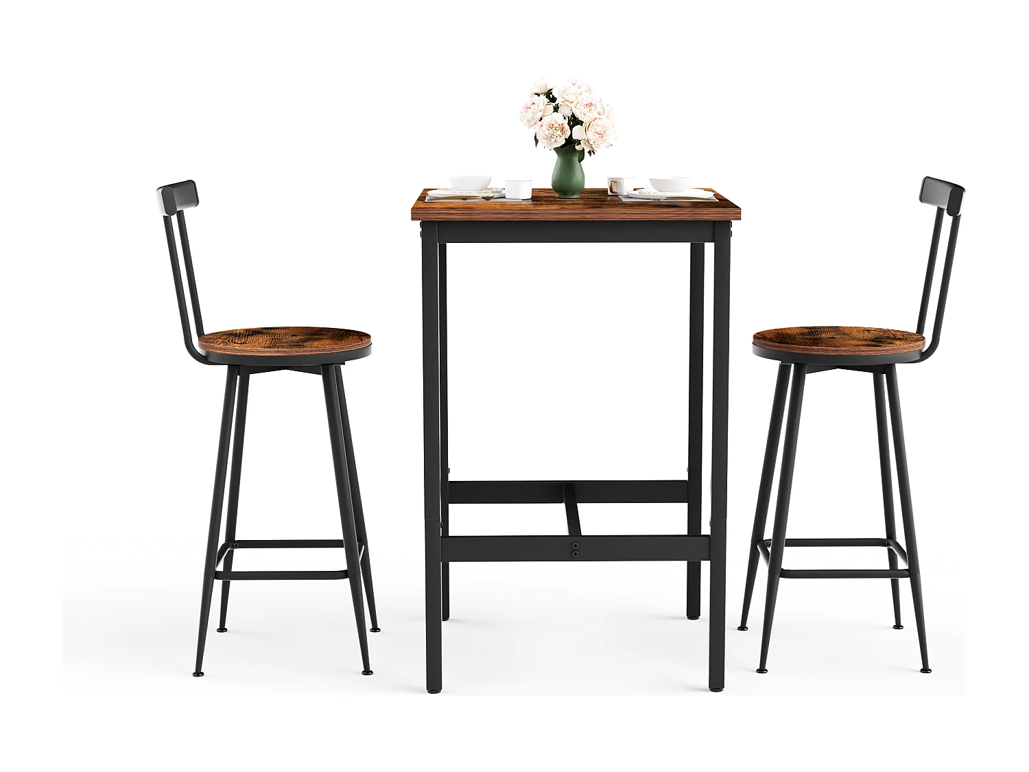 Ensemble table de bar 60x60 cm avec 2 tabourets, bois brun rustique et métal noir