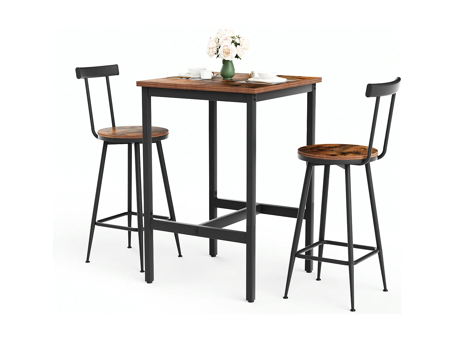 Ensemble table de bar 60x60 cm avec 2 tabourets, bois brun rustique et métal noir