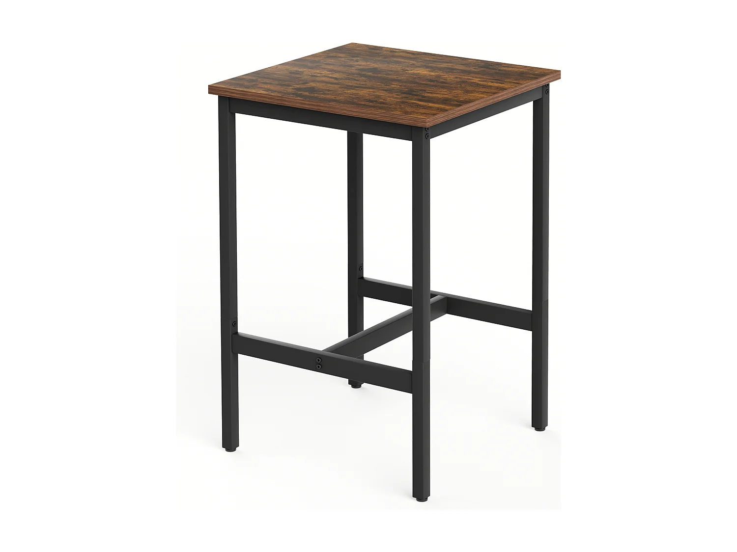 Ensemble table de bar 60x60 cm avec 2 tabourets, bois brun rustique et métal noir