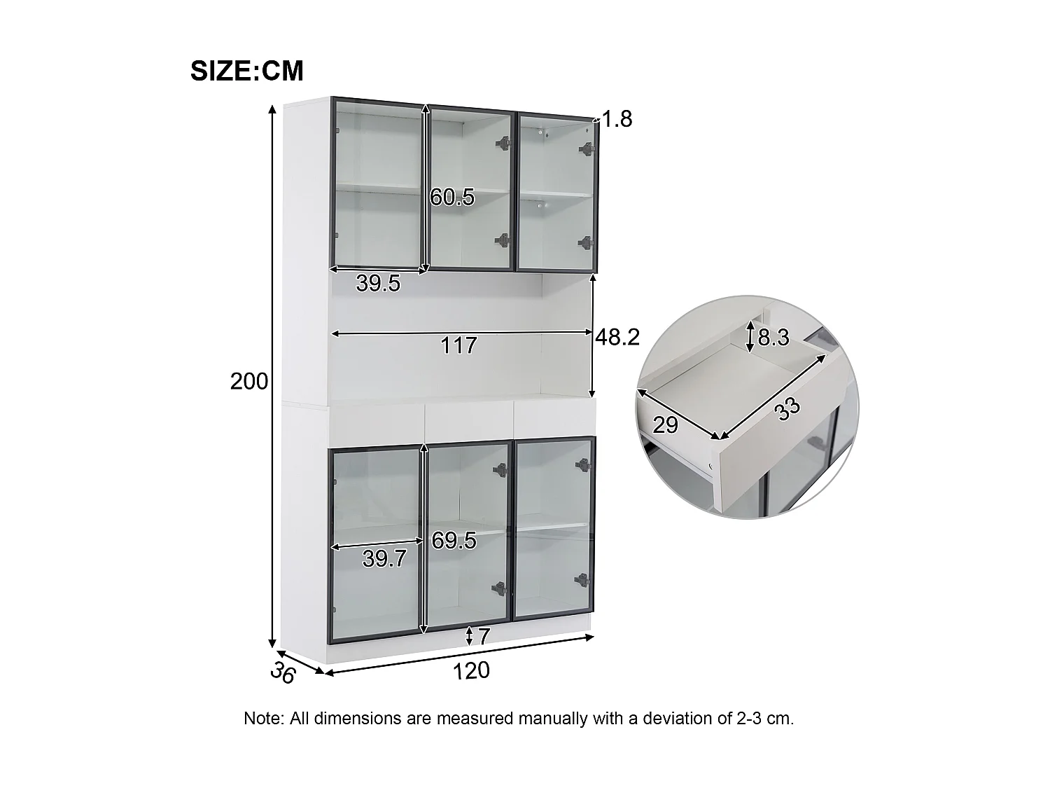 Vitrine blanc 120 x 36 x 200 cm avec 6 portes en verre ,3 tiroirs et LED