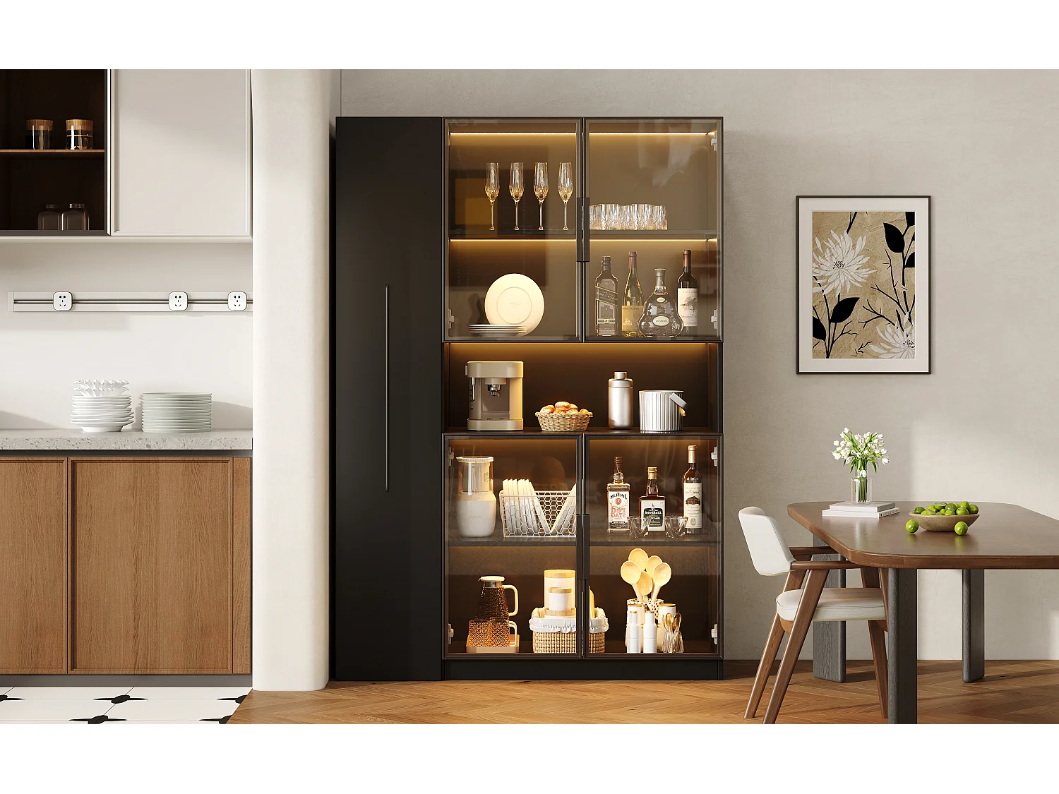 Vetrina espositiva a LED nera, 110x35x160 cm, con vano portabottiglie e portabicchieri.