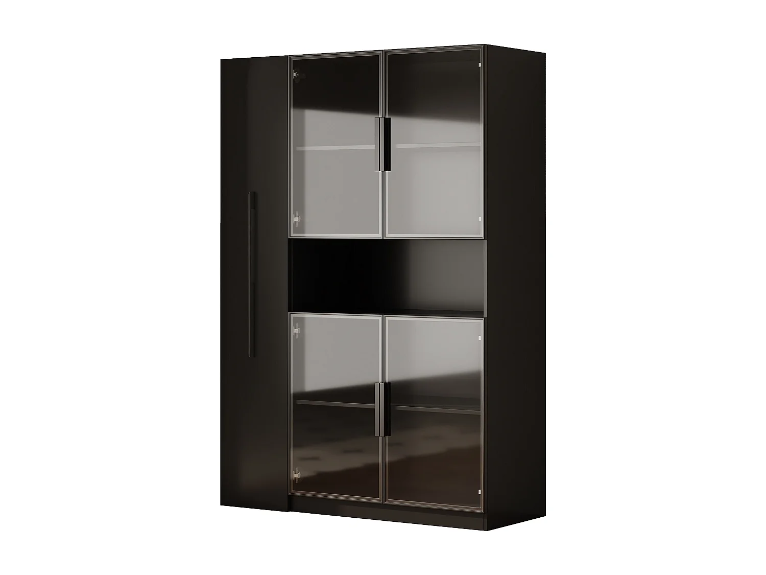 Vetrina espositiva a LED nera, 110x35x160 cm, con vano portabottiglie e portabicchieri.