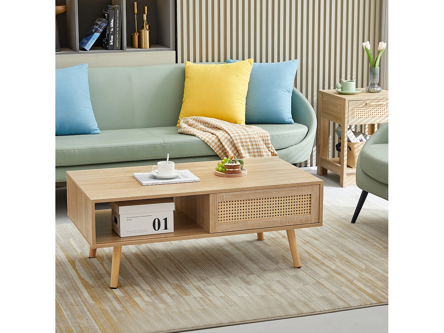 Salontafel met schuifdeur, natuurlijke houtkleur, 105x55x41,5 cm