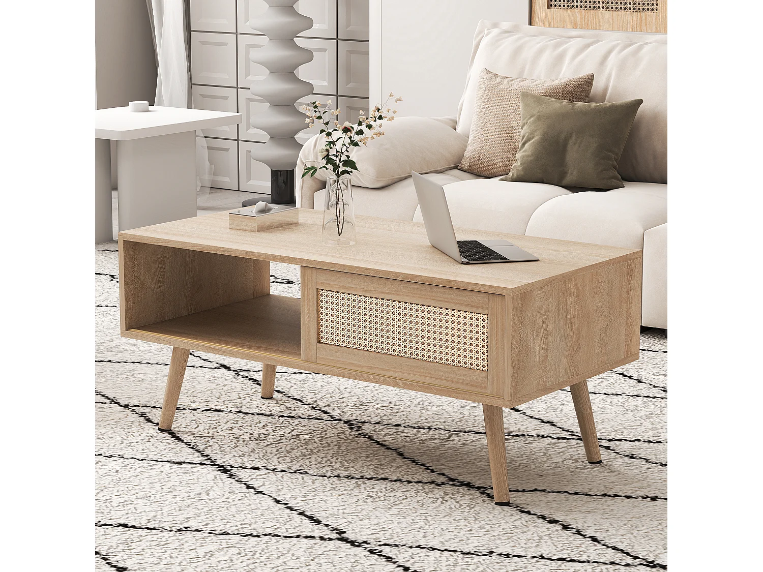 Salontafel met schuifdeur, natuurlijke houtkleur, 105x55x41,5 cm