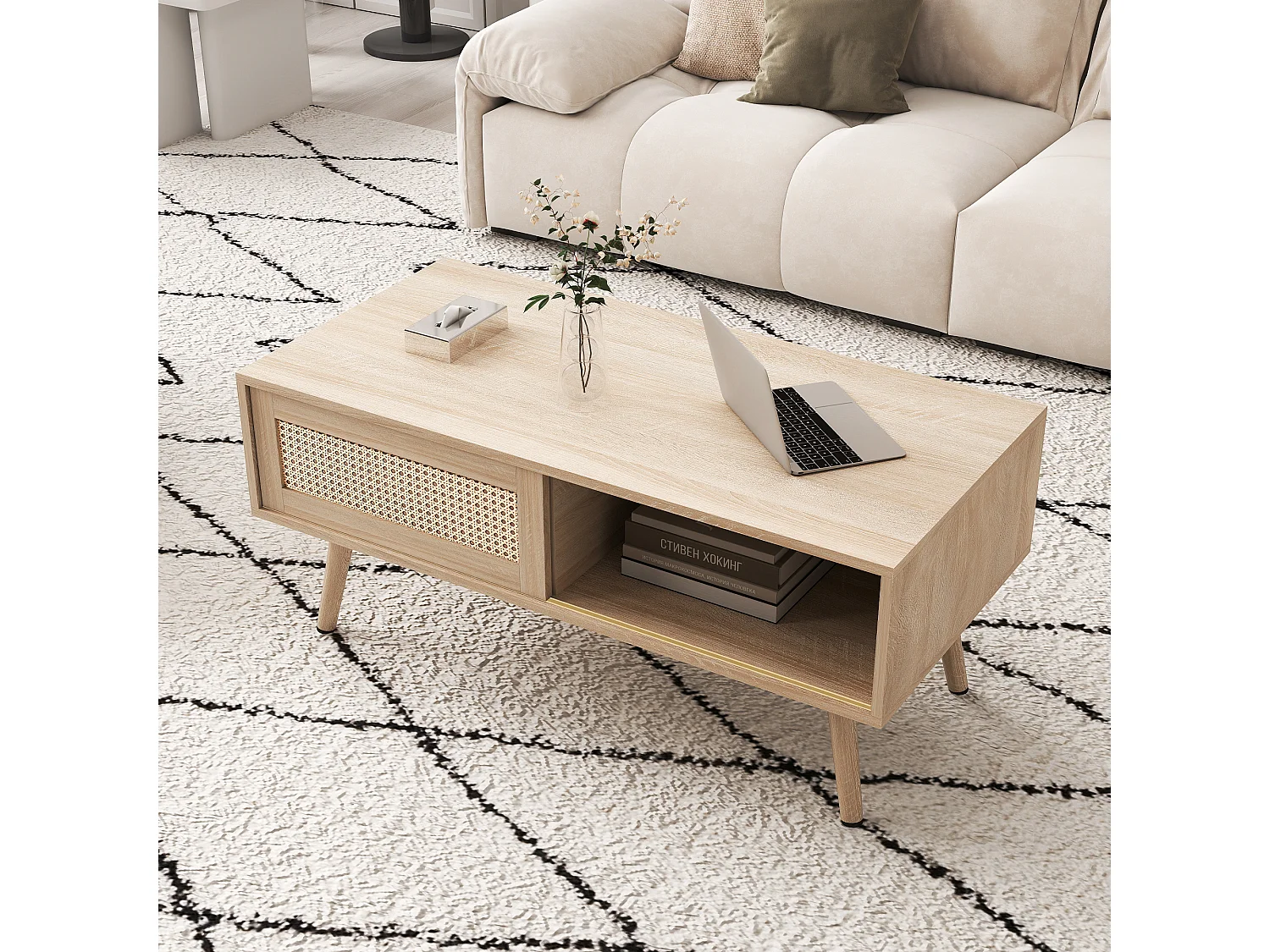 Salontafel met schuifdeur, natuurlijke houtkleur, 105x55x41,5 cm