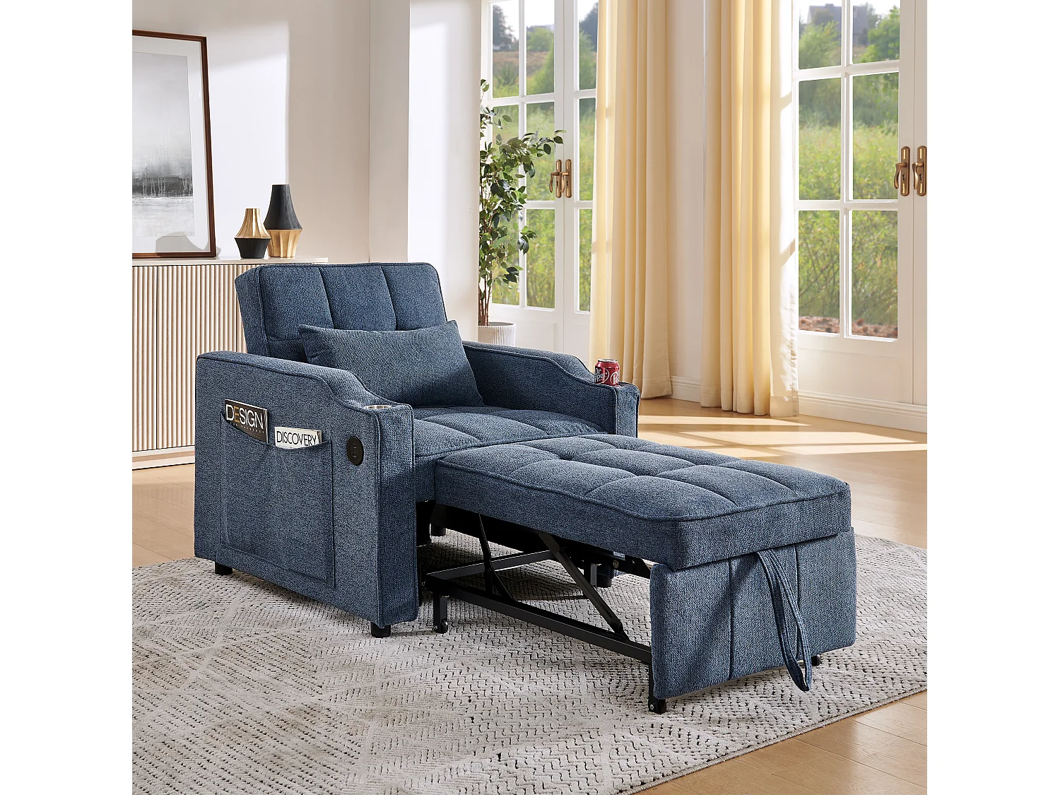 3-in-1 converteerbare fauteuil met USB-poorten - Marineblauwe stoffen slaapbank