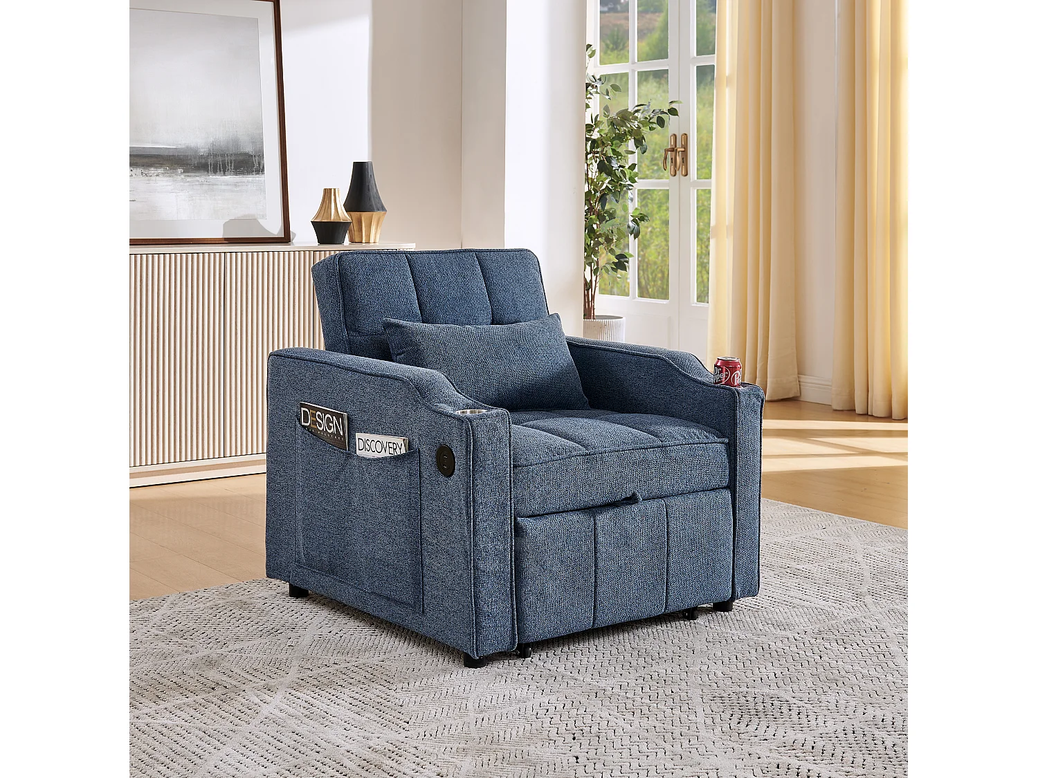3-in-1 converteerbare fauteuil met USB-poorten - Marineblauwe stoffen slaapbank