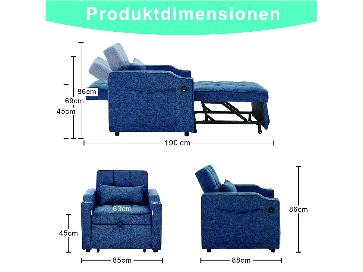 3-in-1 converteerbare fauteuil met USB-poorten - Marineblauwe stoffen slaapbank