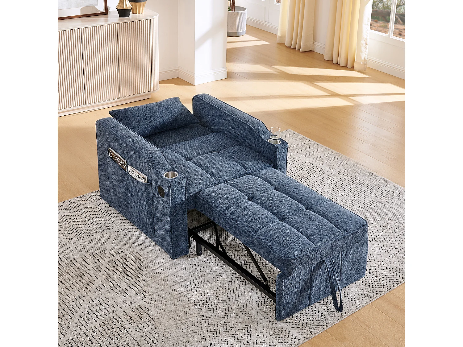 3-in-1 converteerbare fauteuil met USB-poorten - Marineblauwe stoffen slaapbank