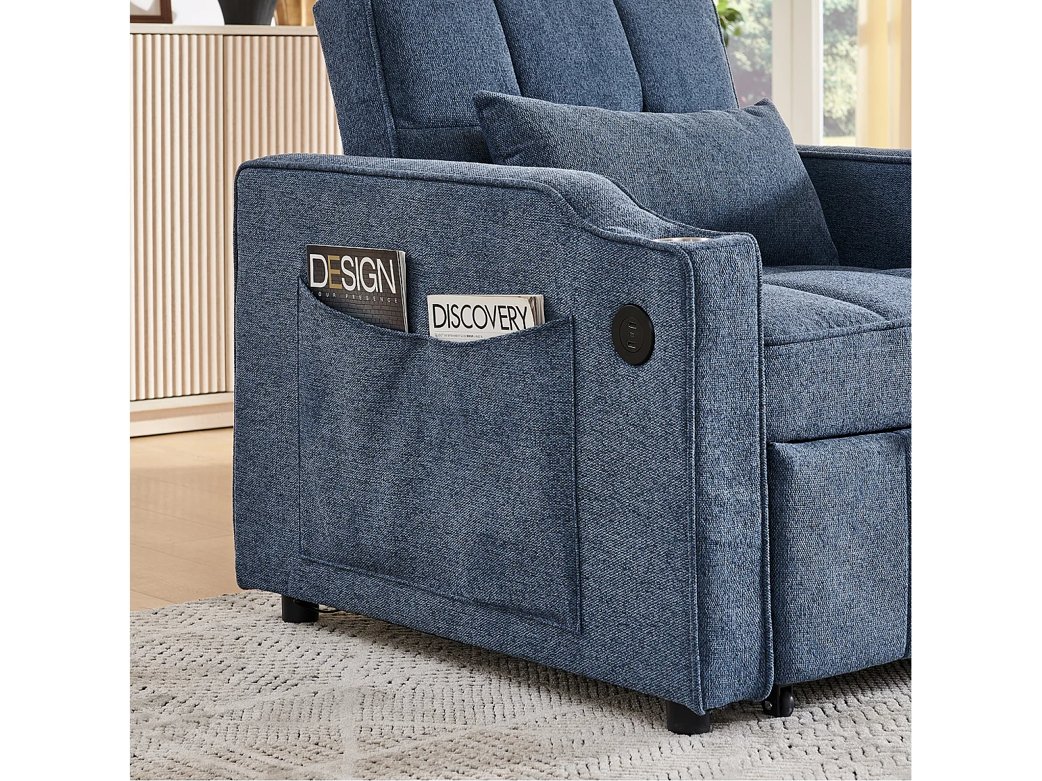 3-in-1 converteerbare fauteuil met USB-poorten - Marineblauwe stoffen slaapbank