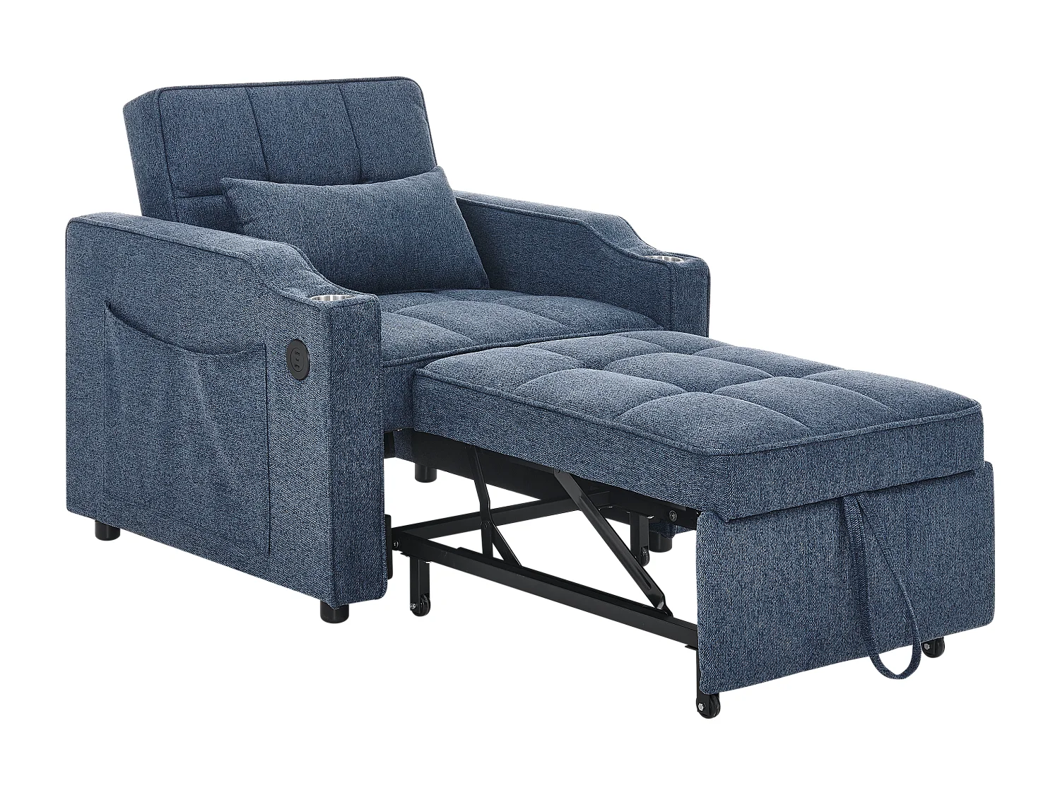 3-in-1 converteerbare fauteuil met USB-poorten - Marineblauwe stoffen slaapbank