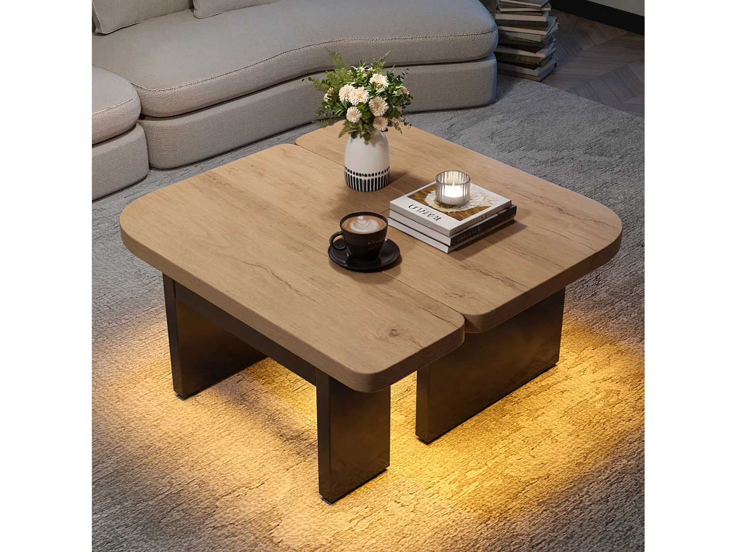Table basse avec LED et 2 tiroirs - Design 2 en 1 - Noir et bois