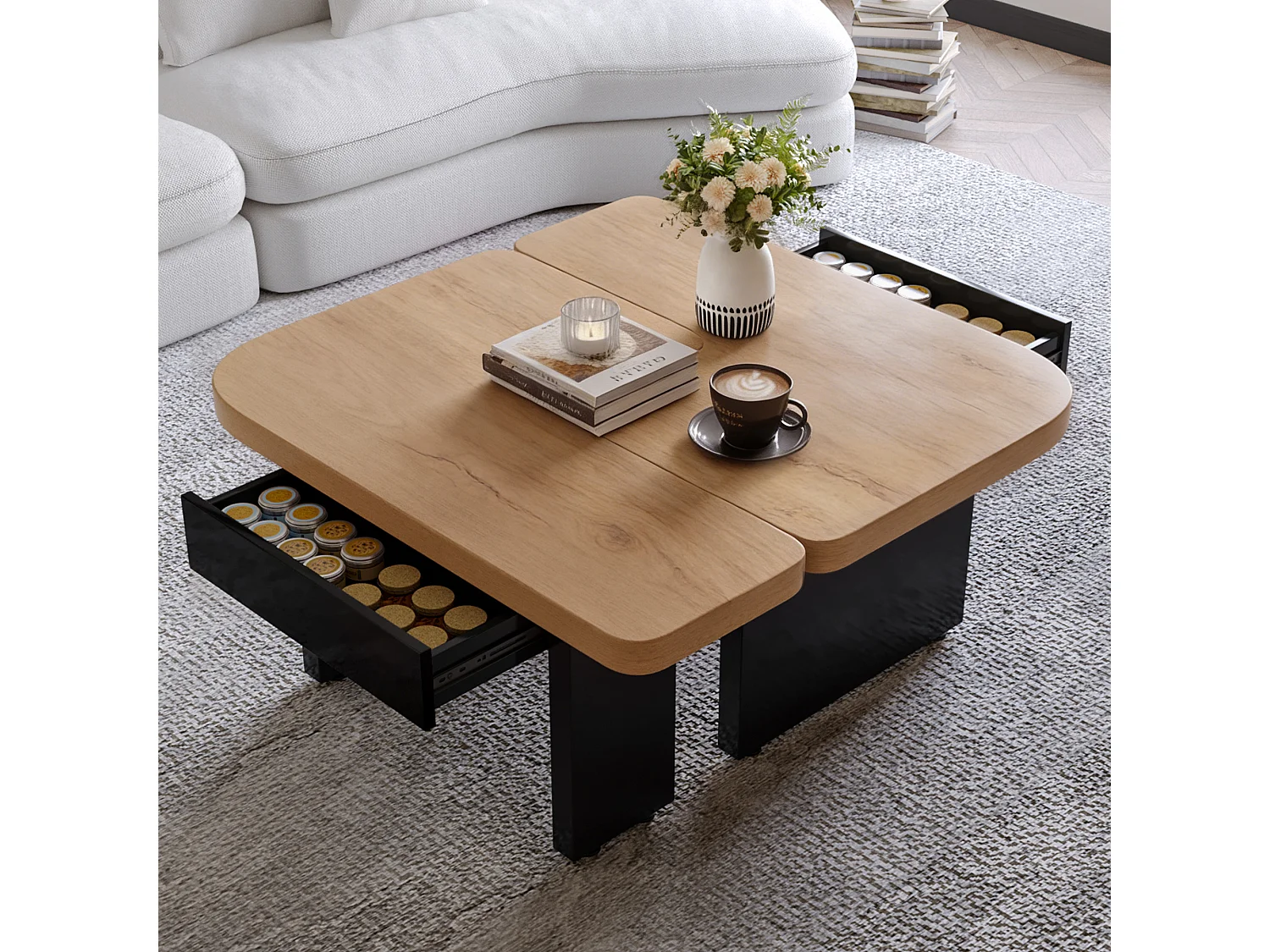 Table basse avec LED et 2 tiroirs - Design 2 en 1 - Noir et bois