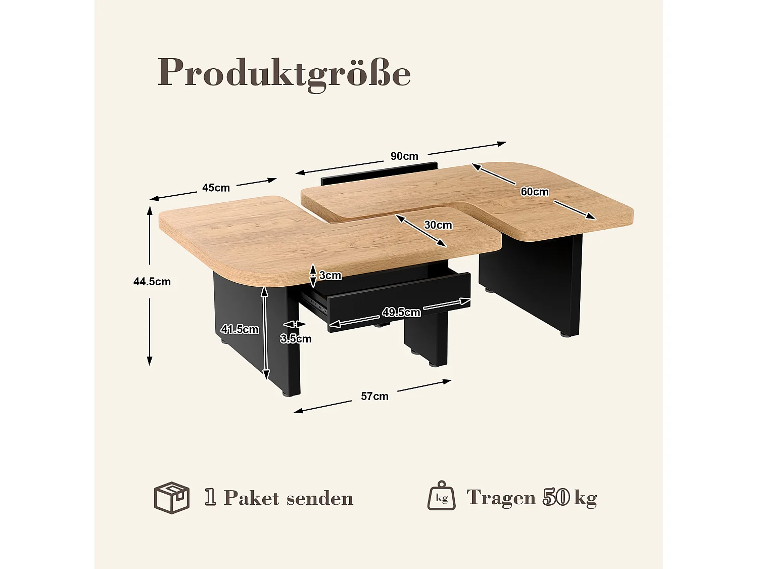 Table basse avec LED et 2 tiroirs - Design 2 en 1 - Noir et bois