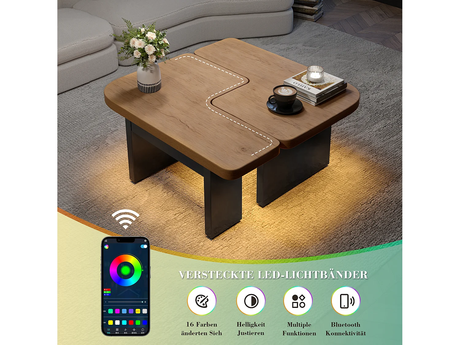 Table basse avec LED et 2 tiroirs - Design 2 en 1 - Noir et bois