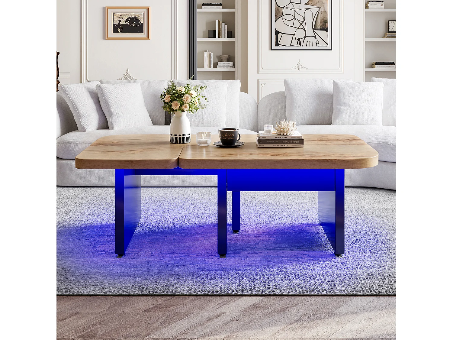 Table basse avec LED et 2 tiroirs - Design 2 en 1 - Noir et bois
