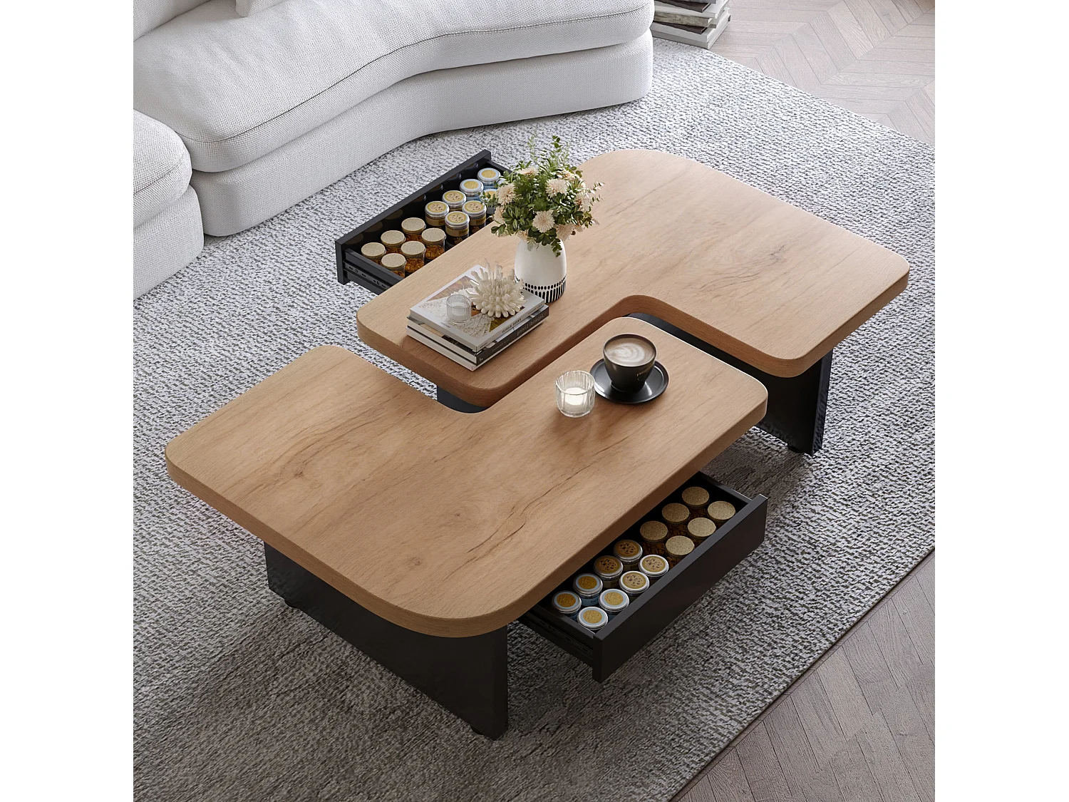 Table basse avec LED et 2 tiroirs - Design 2 en 1 - Noir et bois