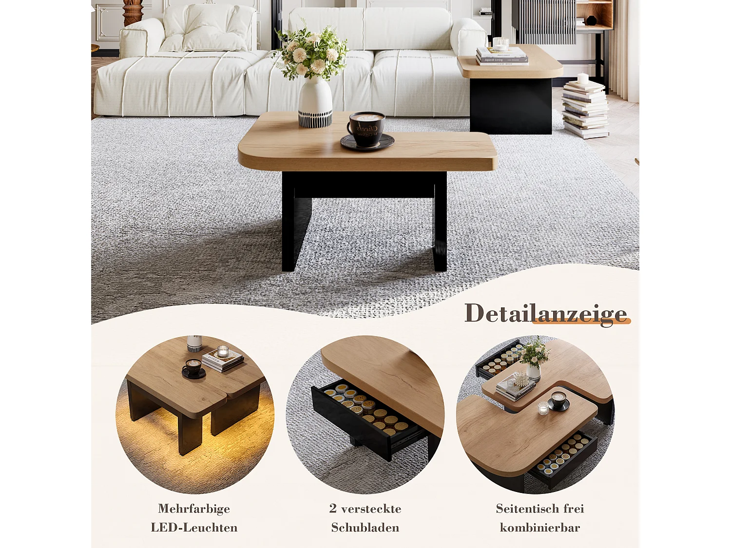Table basse avec LED et 2 tiroirs - Design 2 en 1 - Noir et bois