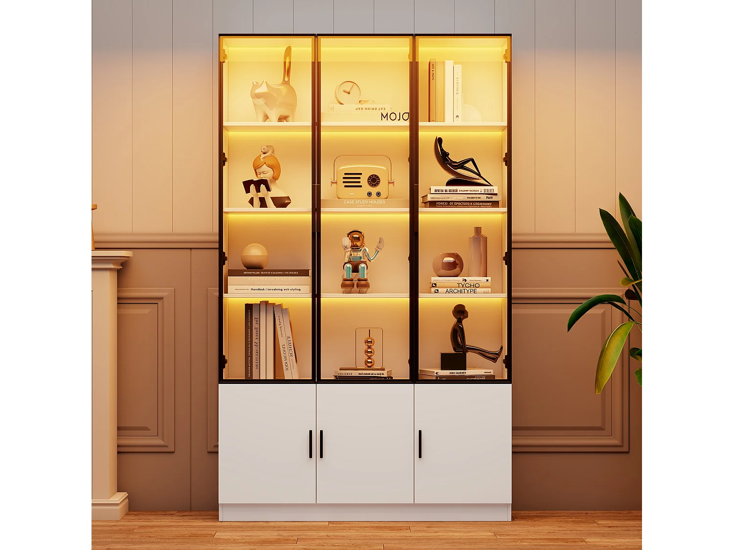 Vitrine em vidro 120 x 32 x 200 cm com 6 portas e iluminação LED - Branco