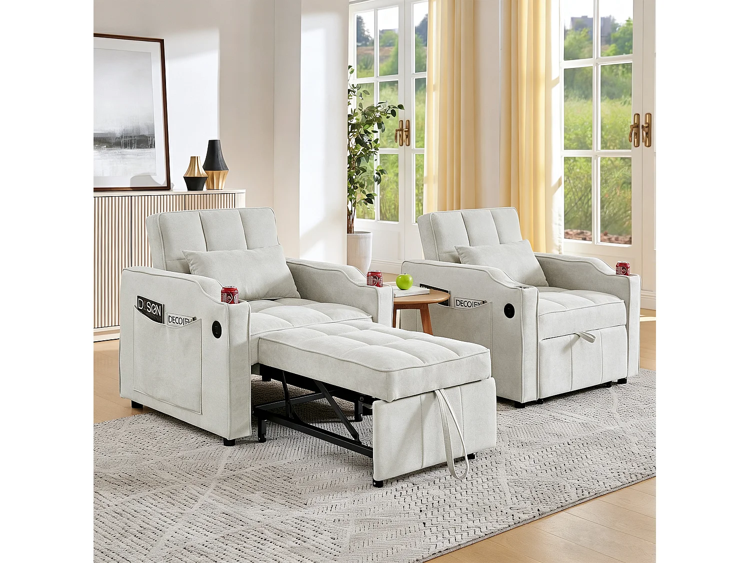 3-in-1 converteerbare fauteuil met USB-poorten - Beige stoffen slaapbank