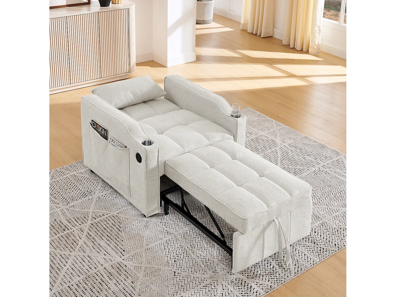 3-in-1 converteerbare fauteuil met USB-poorten - Beige stoffen slaapbank