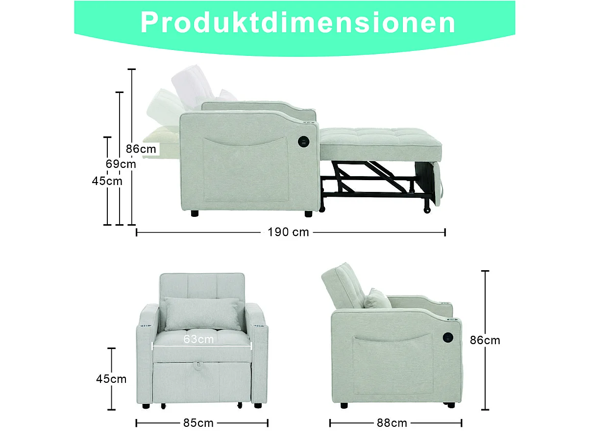 3-in-1 converteerbare fauteuil met USB-poorten - Beige stoffen slaapbank