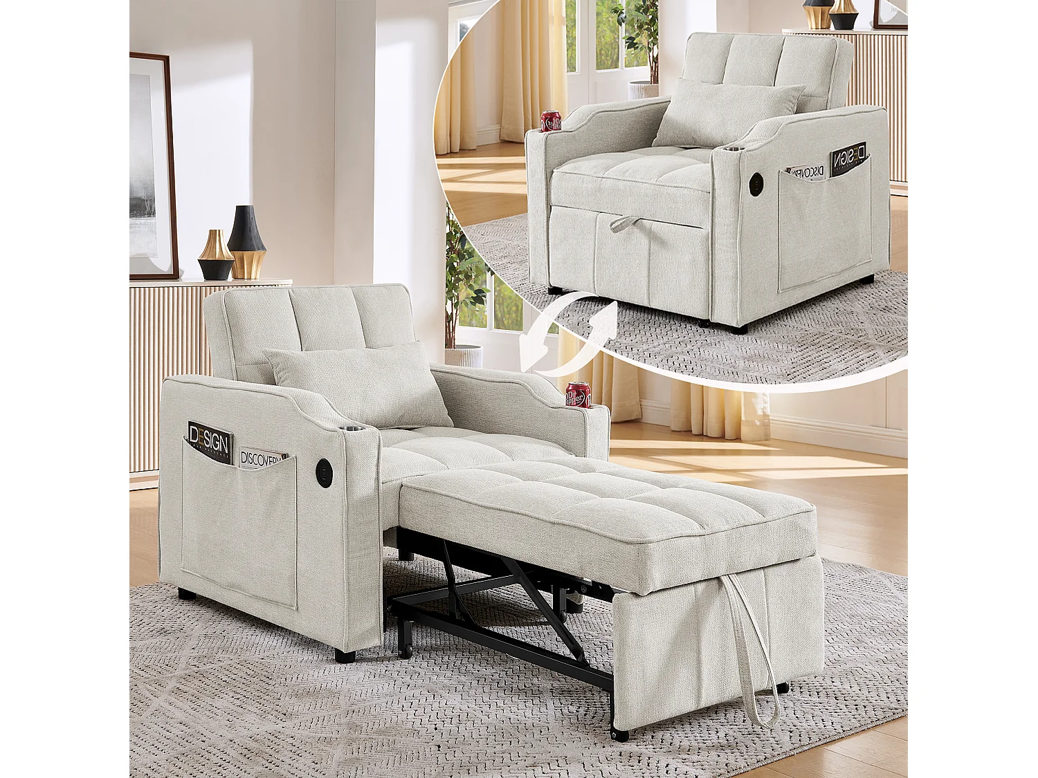 3-in-1 converteerbare fauteuil met USB-poorten - Beige stoffen slaapbank