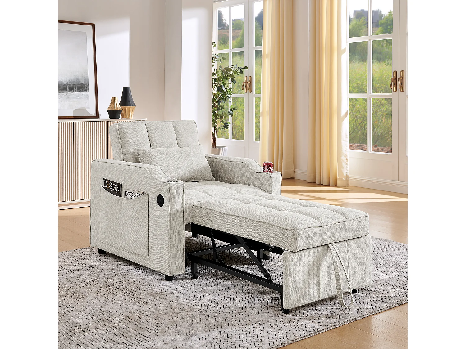 3-in-1 converteerbare fauteuil met USB-poorten - Beige stoffen slaapbank