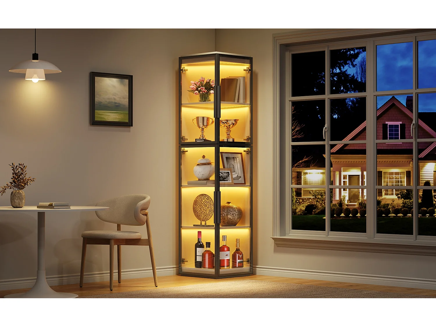 Vetrina angolare bianca 40x40x170 cm con illuminazione a LED e 4 ante in acrilico.