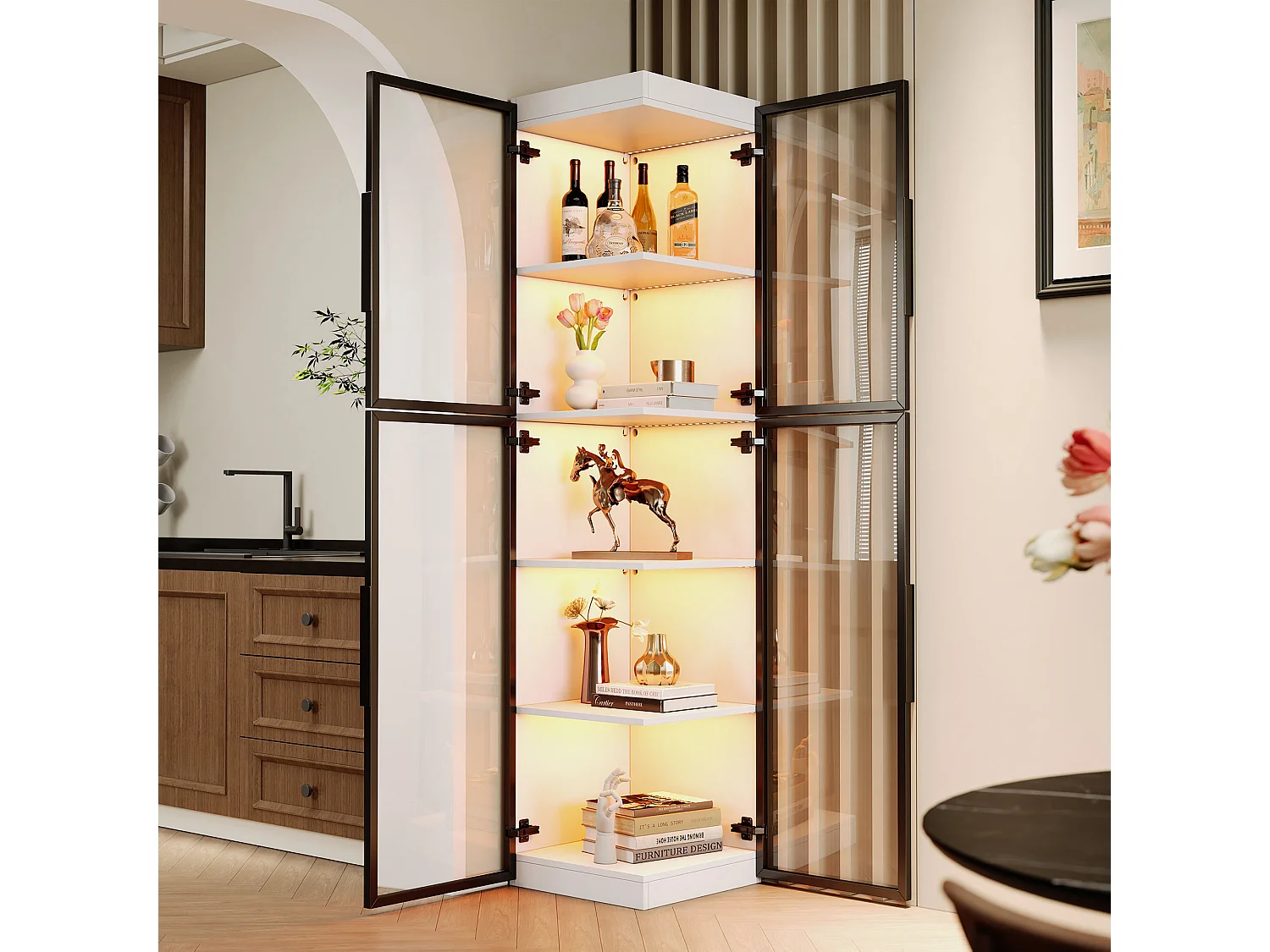 Vetrina angolare bianca 40x40x170 cm con illuminazione a LED e 4 ante in acrilico.