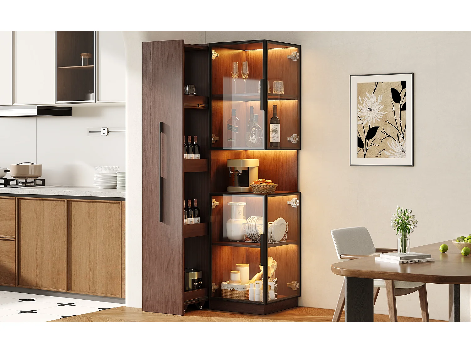 Glazen vitrinekast met uitschuifbare plank, LED-verlichting - walnoot MDF