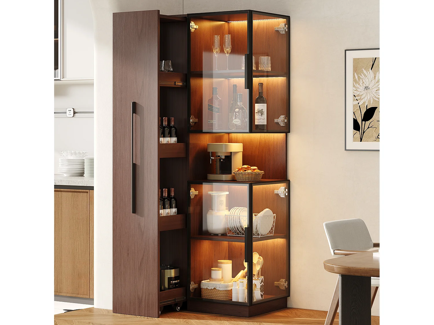 Glazen vitrinekast met uitschuifbare plank, LED-verlichting - walnoot MDF