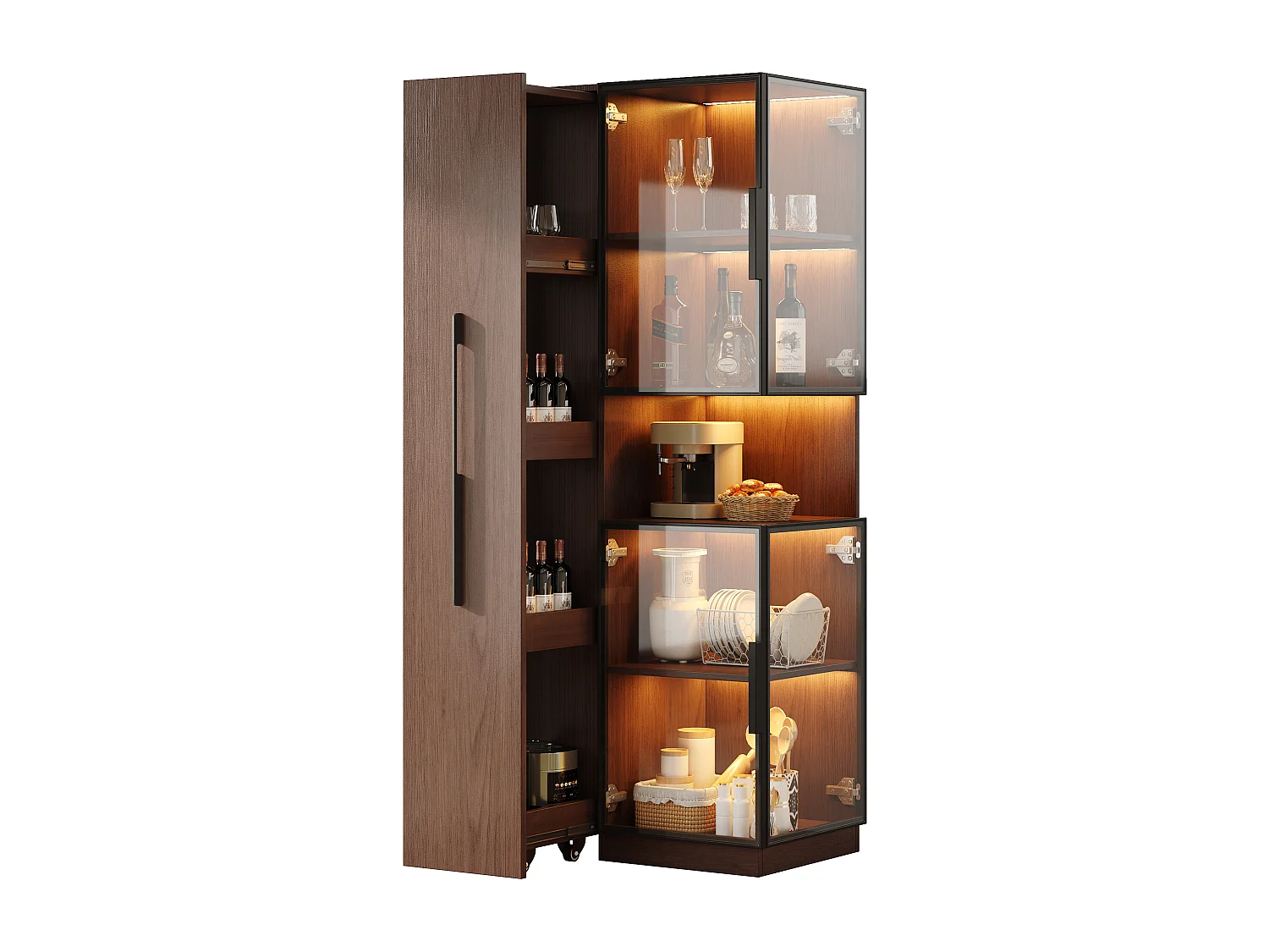 Glazen vitrinekast met uitschuifbare plank, LED-verlichting - walnoot MDF