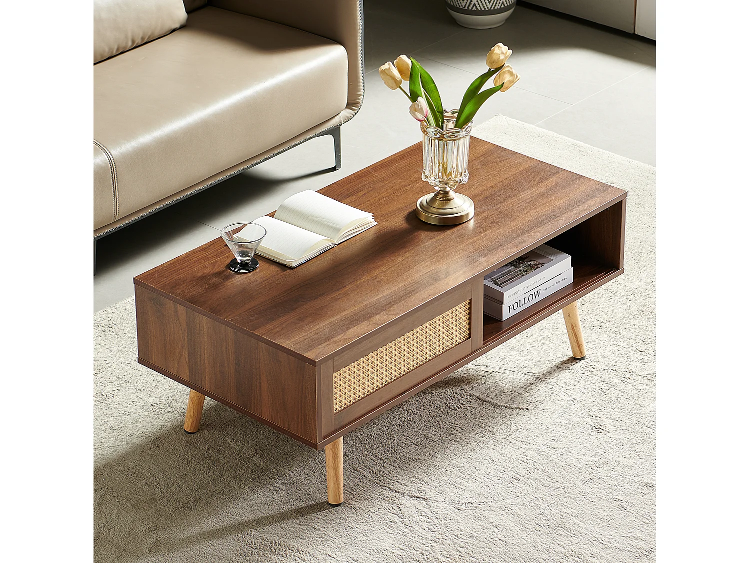 Table basse avec porte coulissante , couleurs bois marron 105x55x41.5 cm