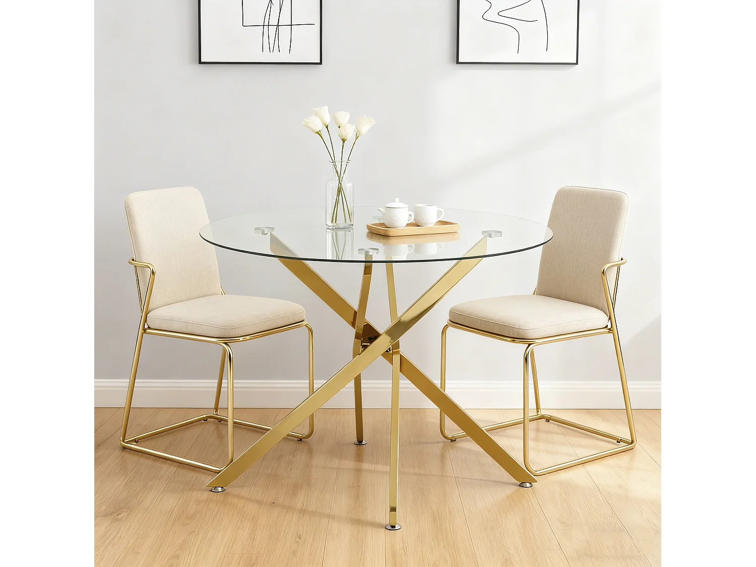 Table à manger ronde avec plateau en verre trempé et pieds dorés 80 × 80 × 76 cm