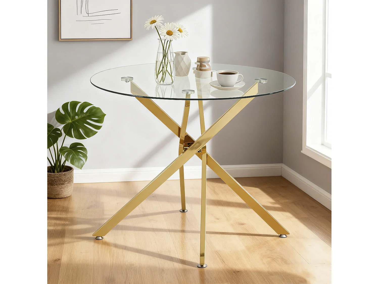 Table à manger ronde avec plateau en verre trempé et pieds dorés 80 × 80 × 76 cm