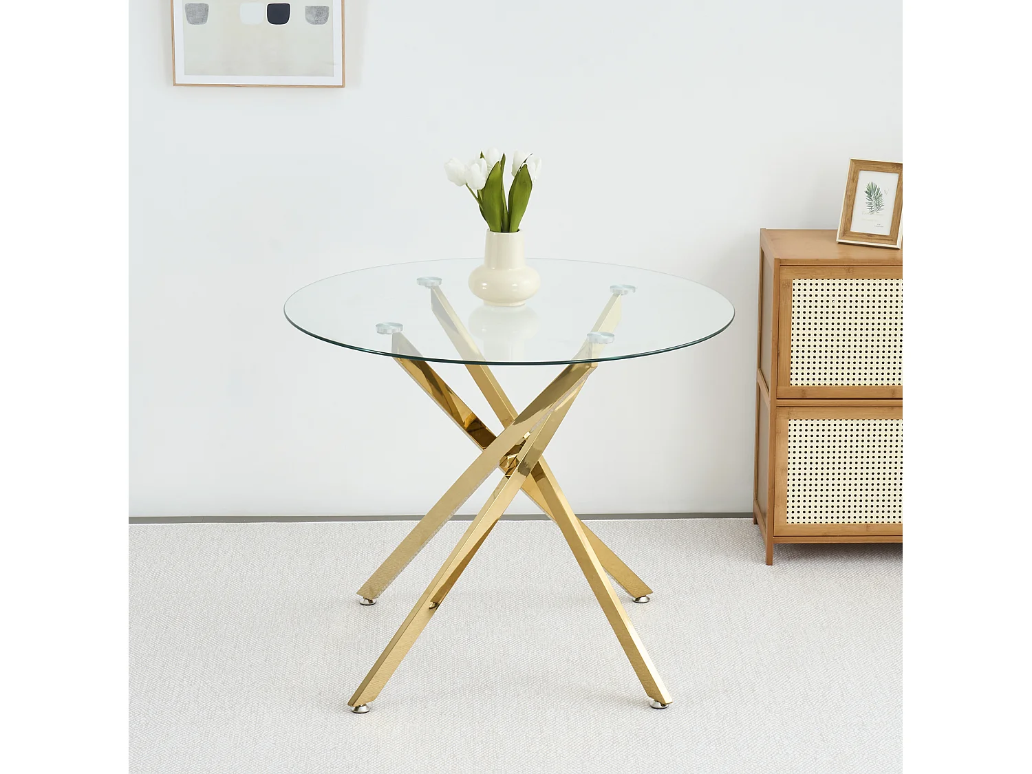 Table à manger ronde avec plateau en verre trempé et pieds dorés 80 × 80 × 76 cm