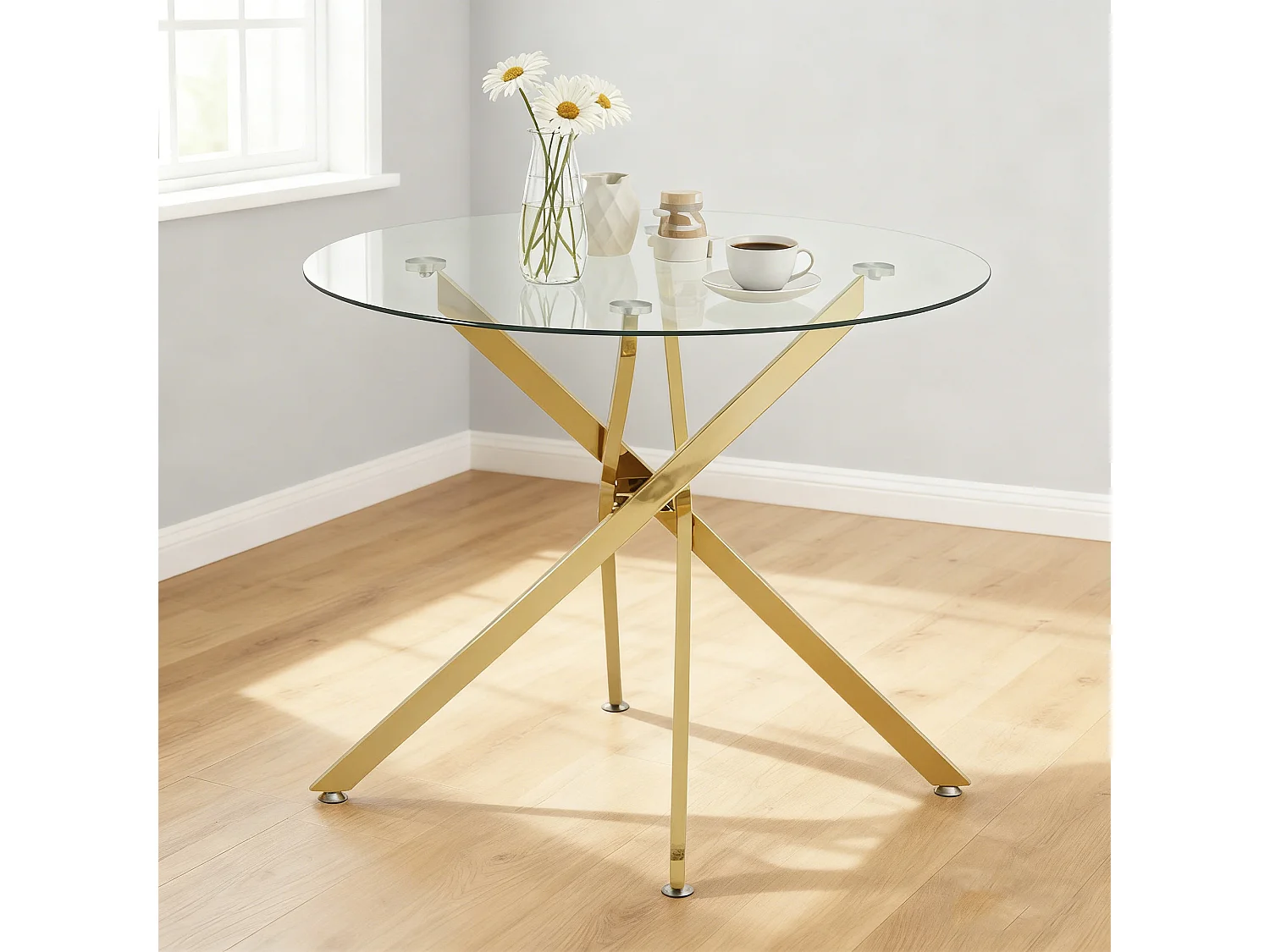 Table à manger ronde avec plateau en verre trempé et pieds dorés 80 × 80 × 76 cm